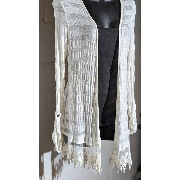Vanity Lace Trim Cardigan Sweater Open Front Lightweight White Cover Y2K Medium - Picture 2 of 5